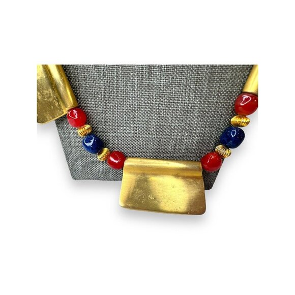 Vintage Tribal-Inspired Red, Blue & Gold Statement Necklace 27" Unsigned - Picture 11 of 13